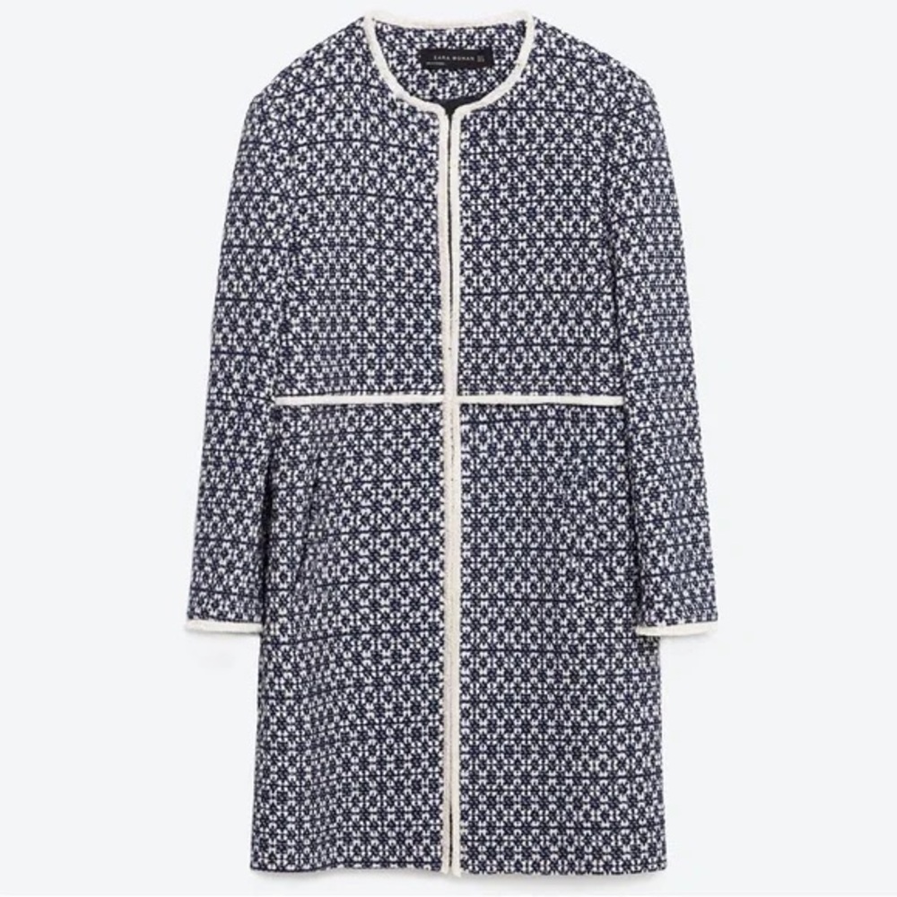 Zara “That Coat” Tweed Frayed Blue White Coat — Size S